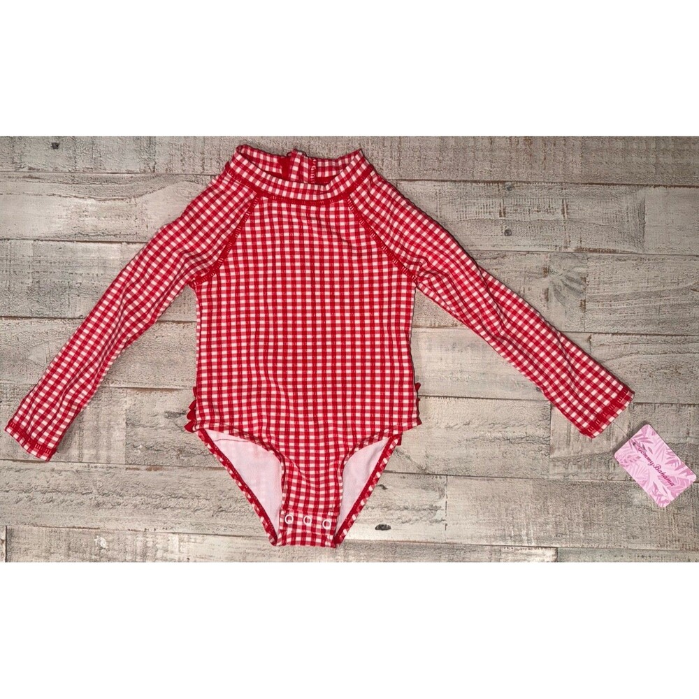 Tommy Bahama Girls 24M/2T Red White Gingham Long Sleeve One-Piece Swimsuit